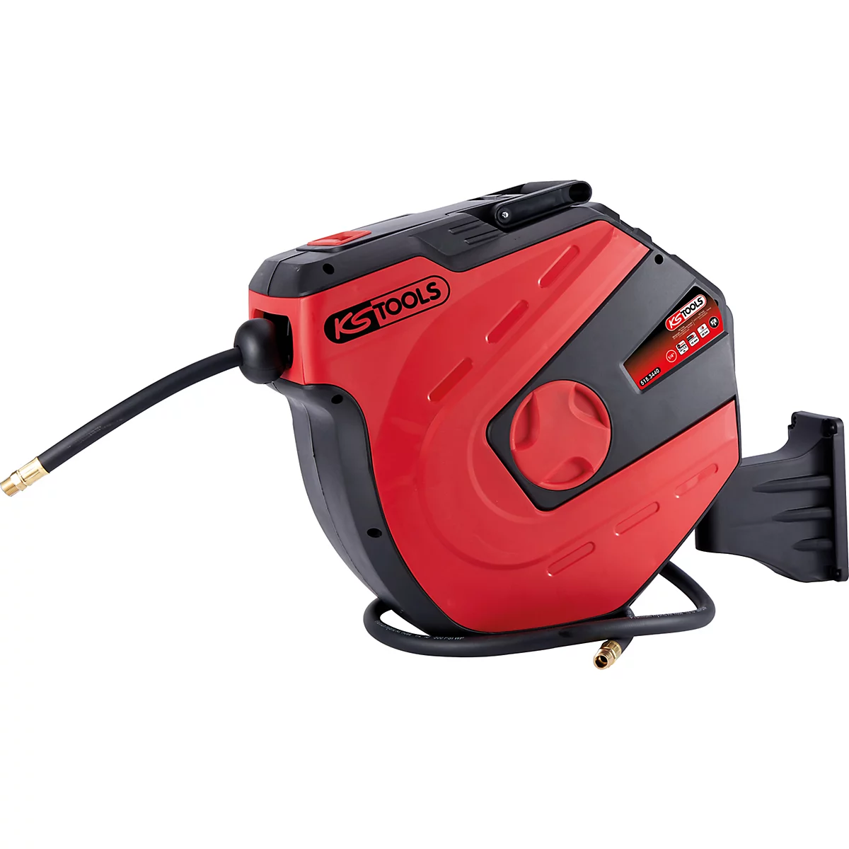 Rote und schwarze KS Tools Schlauchaufroller, mit Schlauch und Wandhalterung. Auf dem Gerät ist der Name des Herstellers sichtbar.